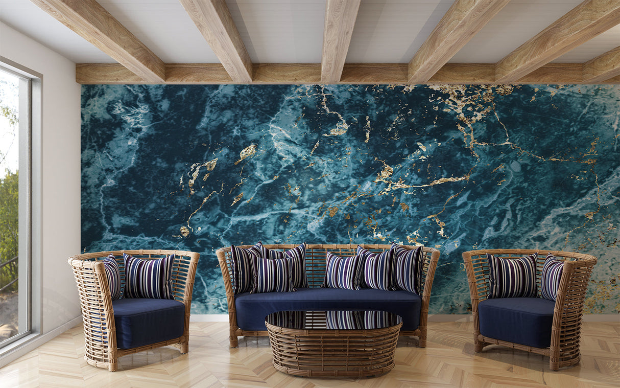 Luxury office space showcasing marble effect wallpaper in blue and gold