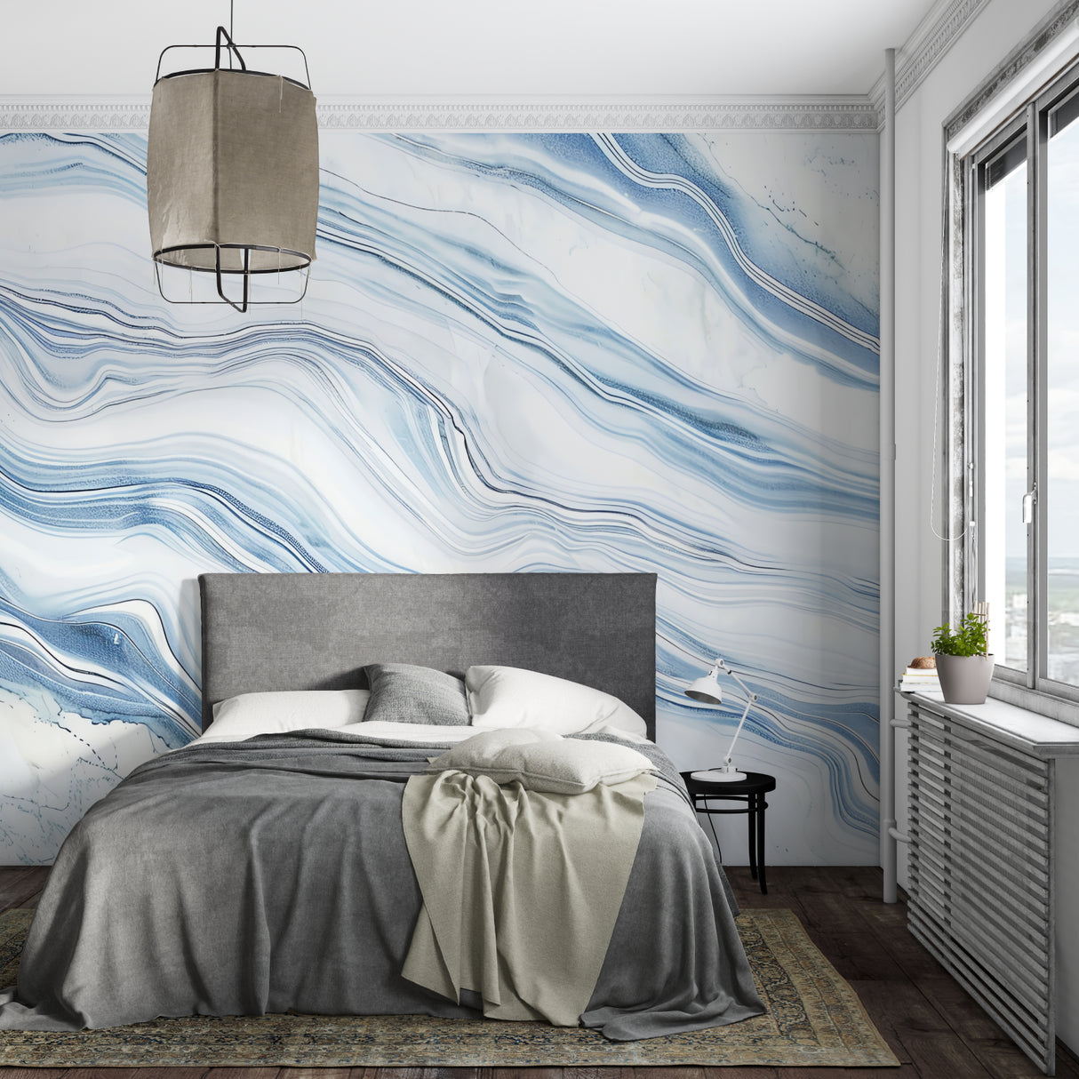 Master bathroom featuring blue and white marble effect wall mural adding spa-like luxury
