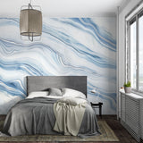 Master bathroom featuring blue and white marble effect wall mural adding spa-like luxury
