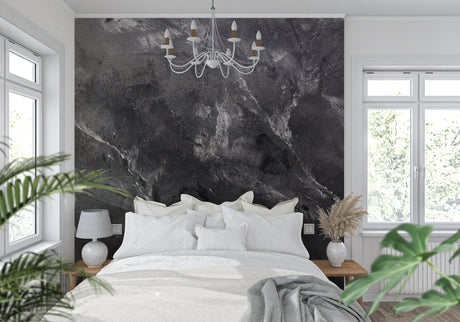 Dark grey marble wallpaper in modern minimalist living room creating luxury atmosphere