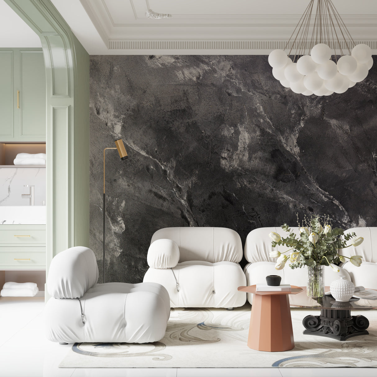 Luxury marble wall mural showcased in an elegant dining room setting