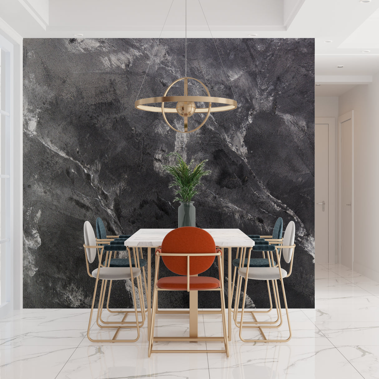 Grey stone effect wallpaper adding sophistication to a master bedroom
