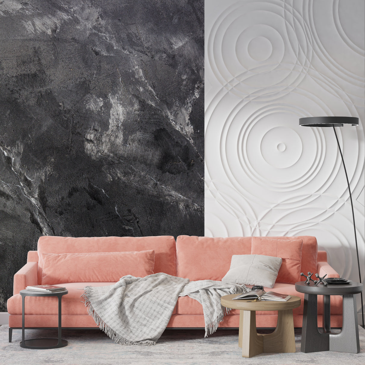 Dark marble wallpaper feature wall in a minimalist office space