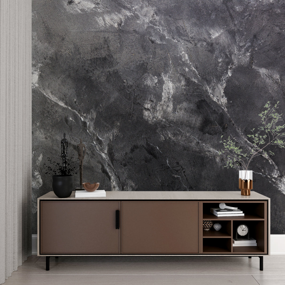 Stone texture wallpaper bringing luxury to a contemporary bathroom