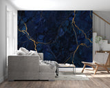 Gold veined blue marble wallpaper featured in luxury bathroom