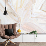 Marble wallpaper in modern living room showing flowing beige and white swirls creating depth and movement