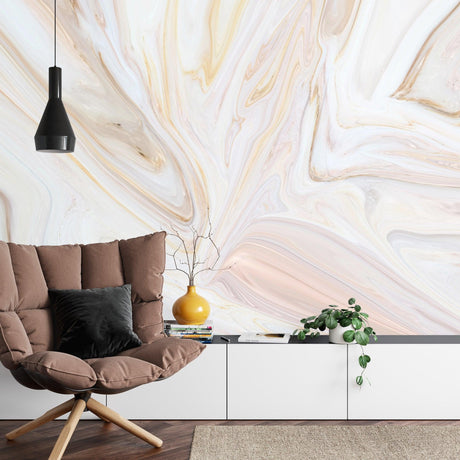 Marble wallpaper in modern living room showing flowing beige and white swirls creating depth and movement