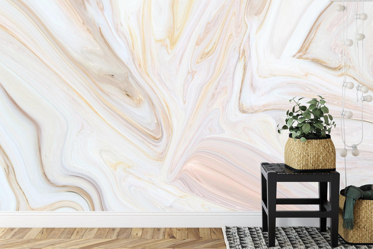 Elegant marble effect wallpaper featured in master bedroom with soft natural lighting