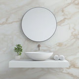 Marble effect wallpaper creating an elegant statement wall in a bright modern living room with beige and white veining