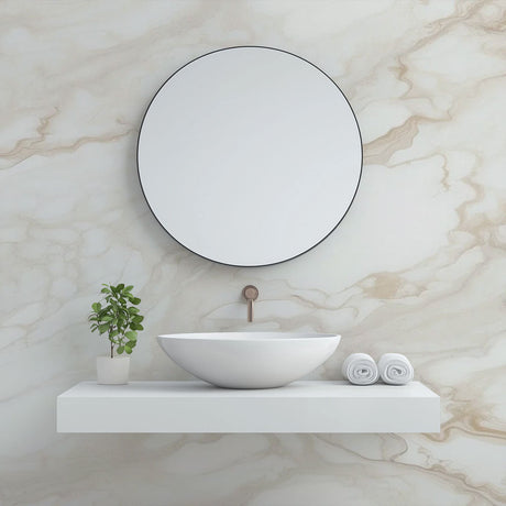 Marble effect wallpaper creating an elegant statement wall in a bright modern living room with beige and white veining