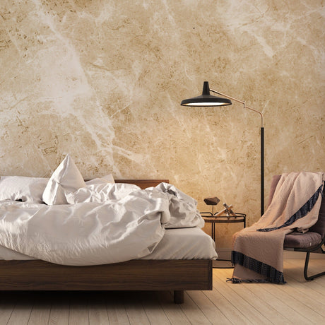 Beige marble effect wallpaper in modern living room showing natural stone veining and warm tones