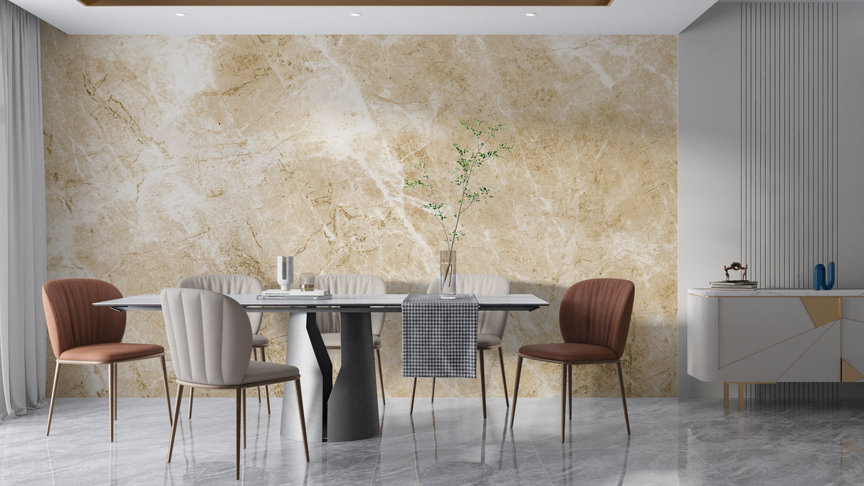 Marble wall mural creating luxury feel in master bedroom with soft beige tones