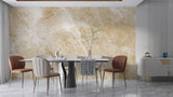 Marble wall mural creating luxury feel in master bedroom with soft beige tones