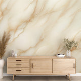 Marble effect wallpaper with ivory and brown veins creating a luxury feel in a modern dining room with natural light