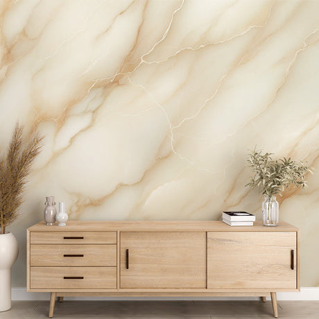 Marble effect wallpaper with ivory and brown veins creating a luxury feel in a modern dining room with natural light