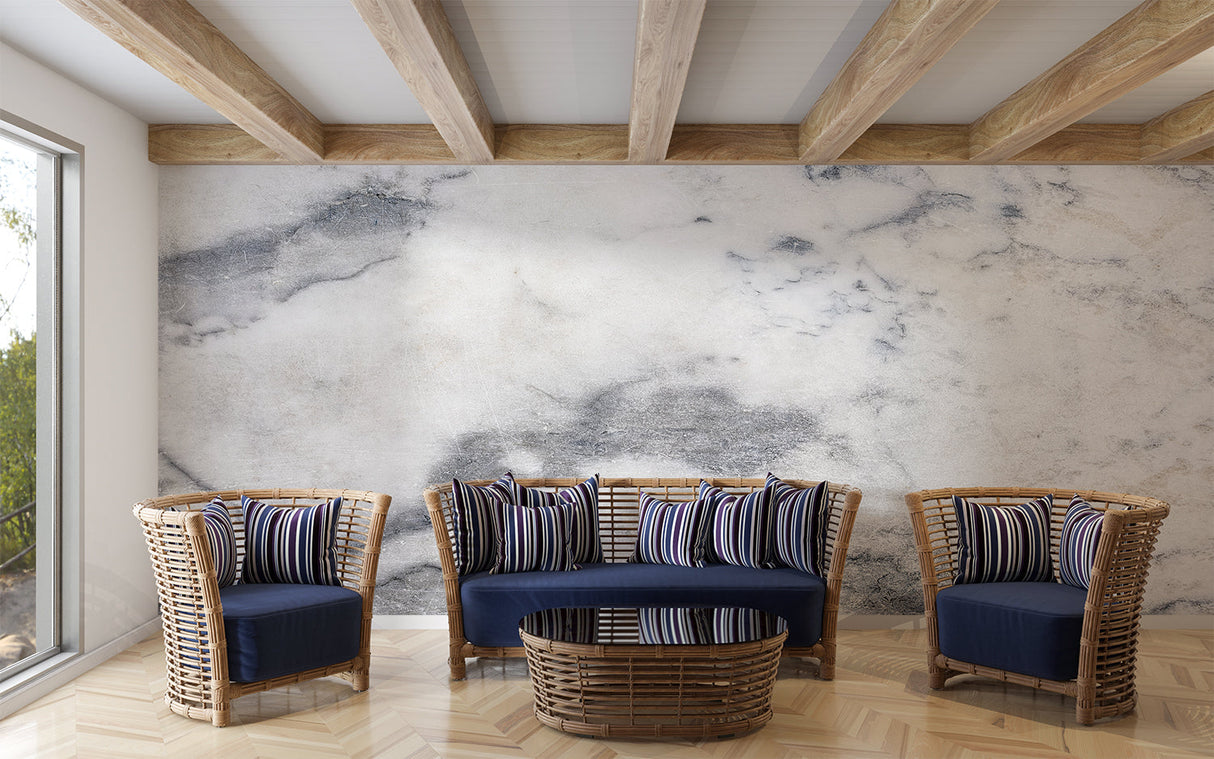 White marble wallpaper making a statement in a modern home office