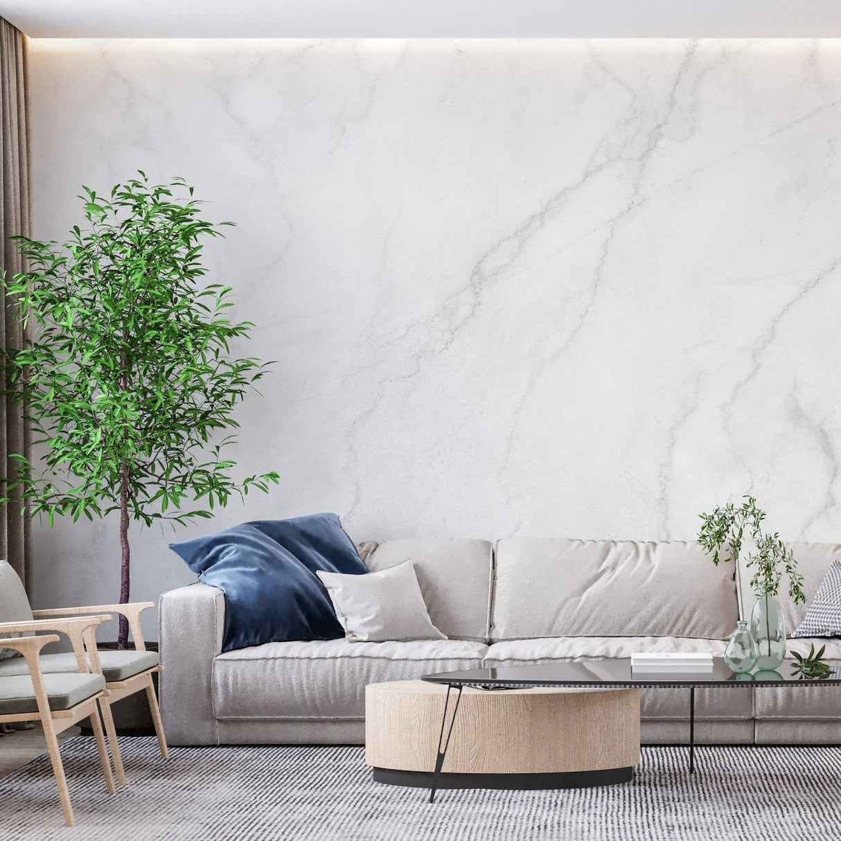 Luxury marble wall mural creating elegant backdrop in master bathroom setting