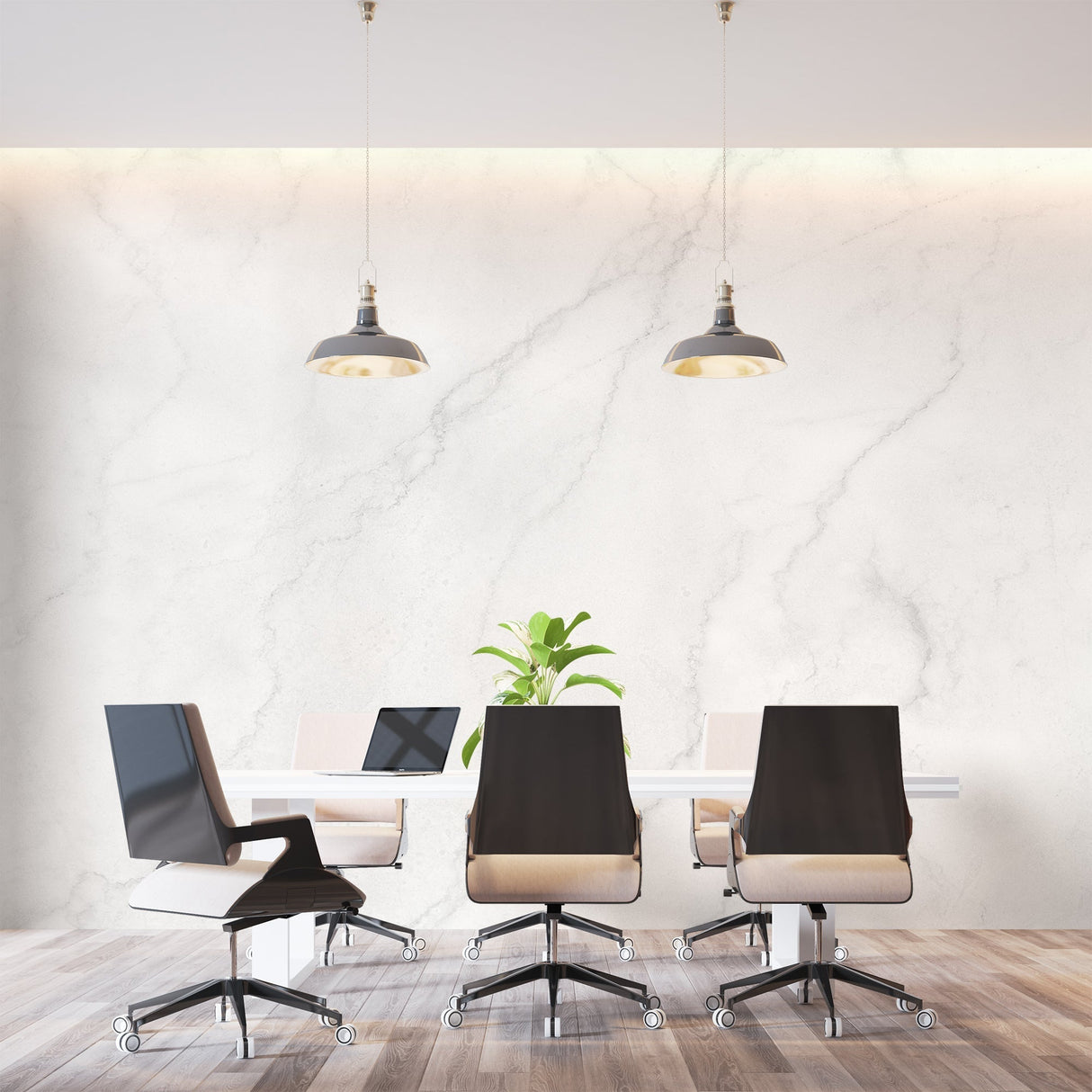 White and grey veined marble wallpaper displayed in bright dining room space