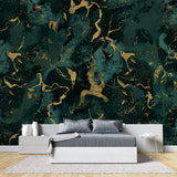 Abstract marble wallpaper showcased in master bedroom with gold accents