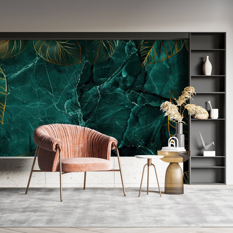 Emerald green marble wallpaper with gold leaves creating depth in modern living room setting