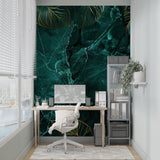 Luxury marble wall mural showcased in elegant dining room with gold accents