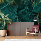 Green marble wallpaper making statement in master bedroom with modern furniture
