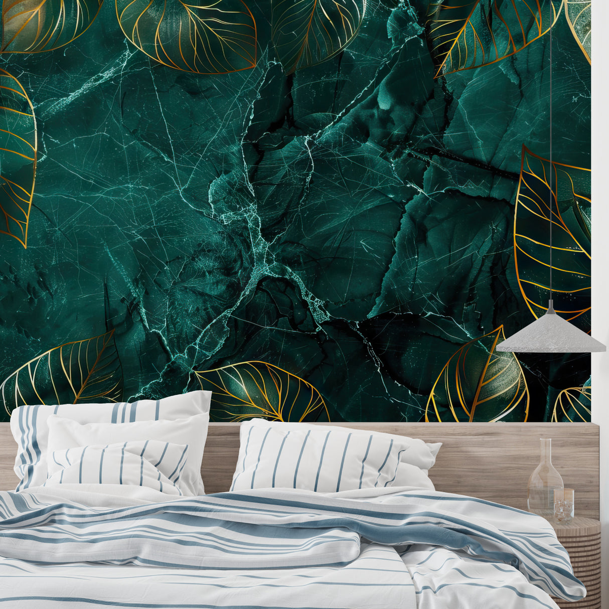 Emerald marble and gold leaf design creating luxury feel in home office space