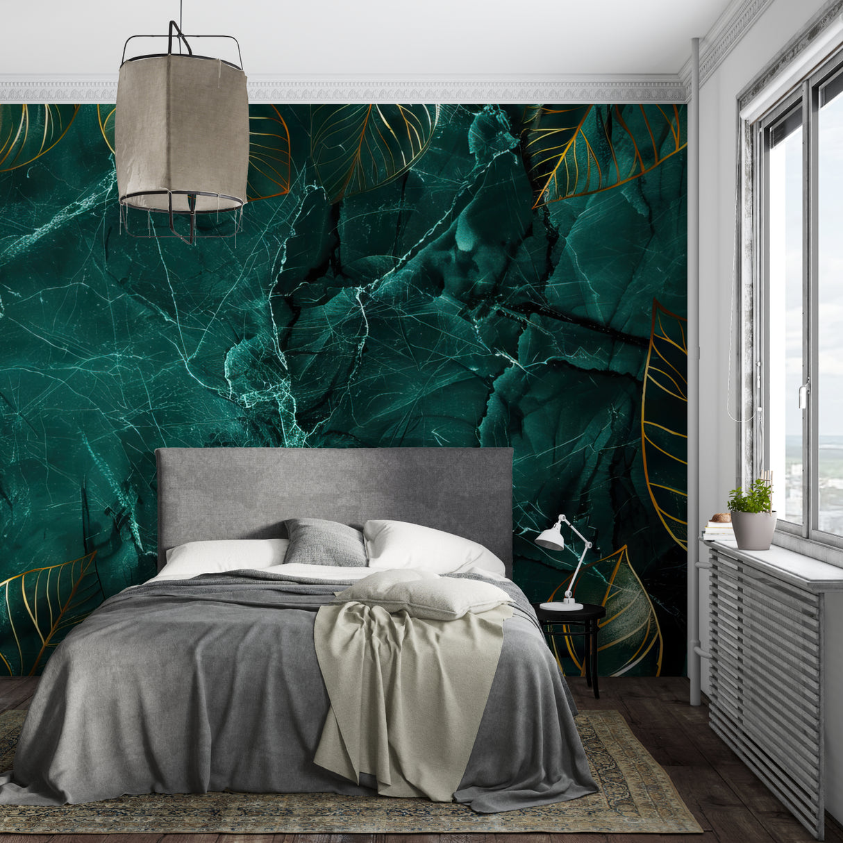 Green and gold marble wallpaper adding sophistication to entrance hallway