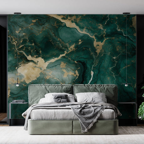 Marble wallpaper with emerald green and gold veins creating luxury impact in modern living room with tall windows