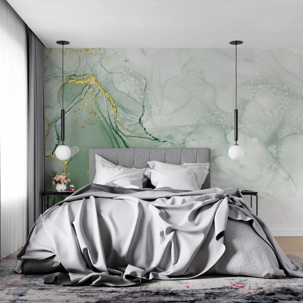 Green and gold marble wallpaper in modern living room creating luxurious atmosphere