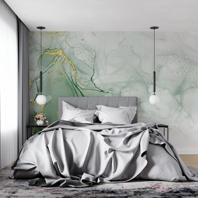 Green and gold marble wallpaper in modern living room creating luxurious atmosphere