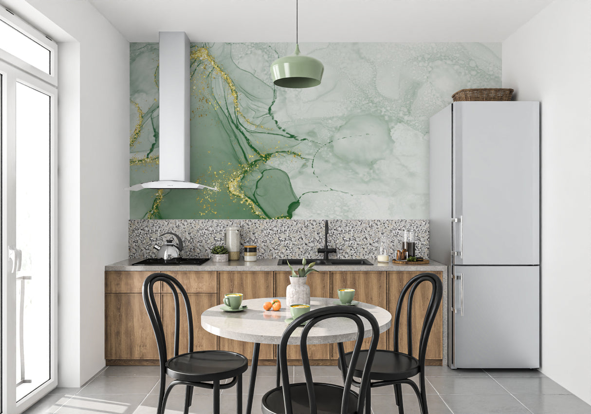 Elegant master bedroom featuring green marble wall mural with golden accents