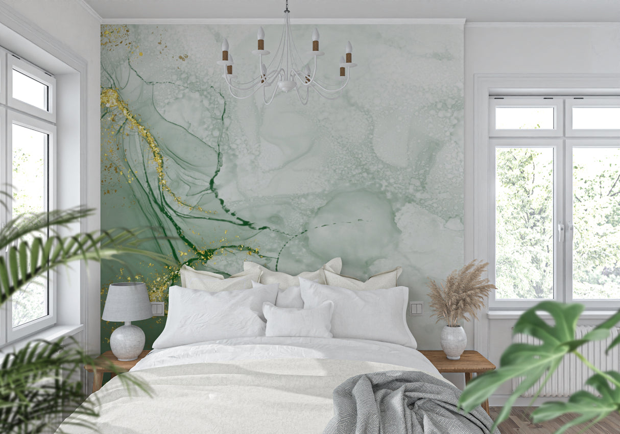 Dining room decorated with sage green and gold marble effect wallpaper