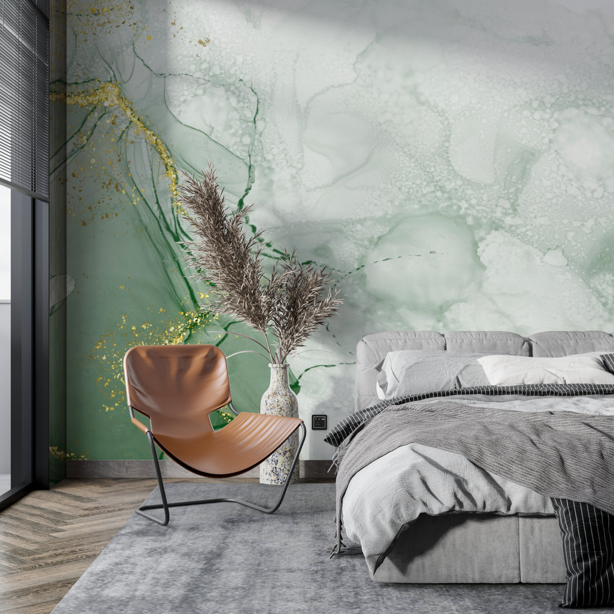 Home office space with abstract green marble wallpaper feature wall