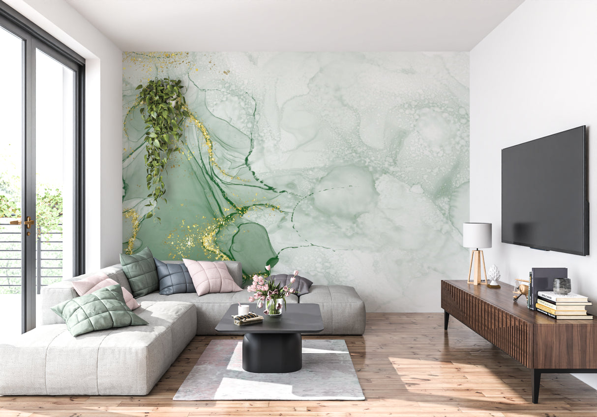 Bathroom showing green and gold marble wallpaper in natural light