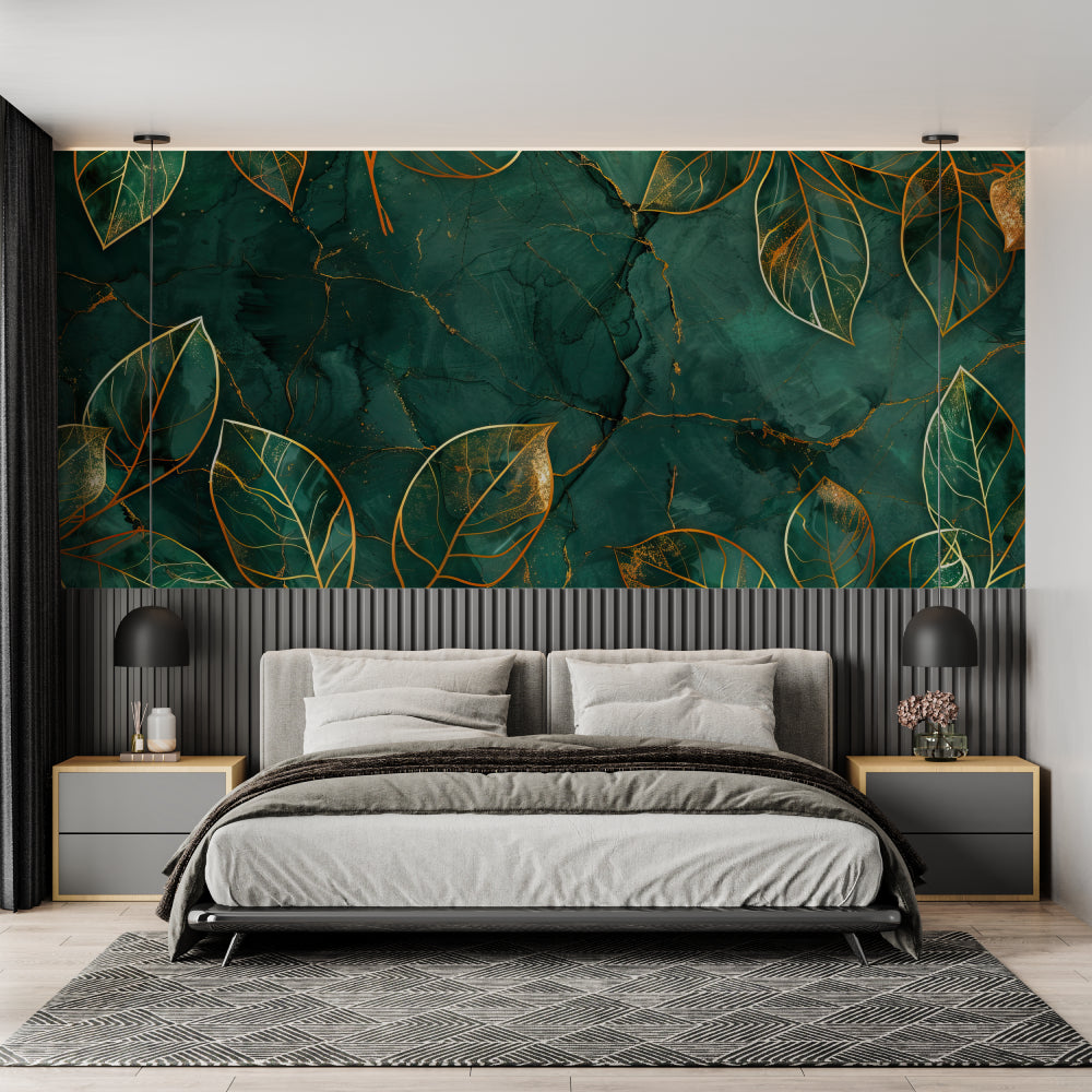 Green marble and gold leaf wallpaper in modern living room with natural light highlighting the metallic details