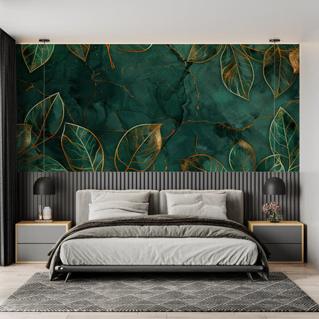 Green marble and gold leaf wallpaper in modern living room with natural light highlighting the metallic details