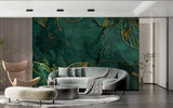Master bedroom wall with green marble and gold leaf mural creating a sophisticated atmosphere