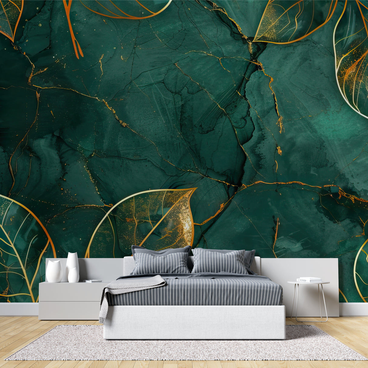 Entryway decorated with green marble and gold leaf wallpaper making a grand first impression