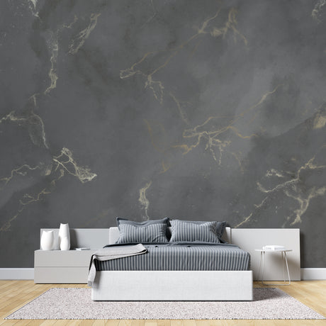 Modern living room with grey and gold marble wallpaper creating an elegant accent wall behind a white sofa