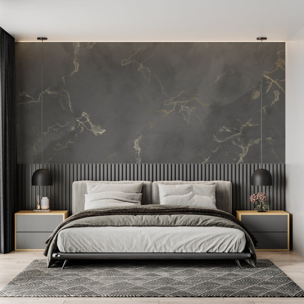 Dining room featuring grey marble wallpaper with gold veining, paired with contemporary furniture
