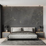 Dining room featuring grey marble wallpaper with gold veining, paired with contemporary furniture