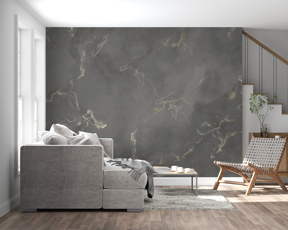 Entryway decorated with grey and gold marble wallpaper making a grand first impression