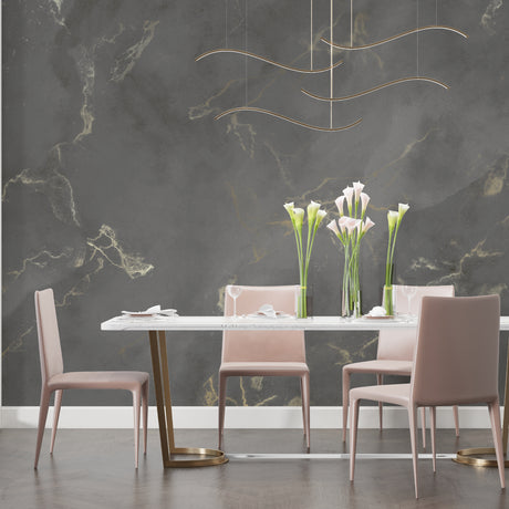 Grey and gold marble wallpaper in modern dining room with crystal chandelier