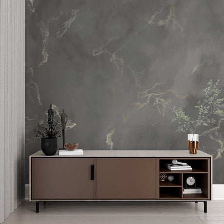 Grey and gold marble wallpaper in modern living room with minimalist furniture