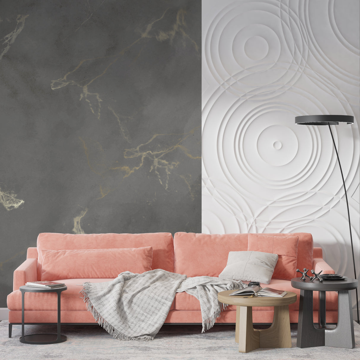 Luxury marble wall mural in master bedroom with gold accents