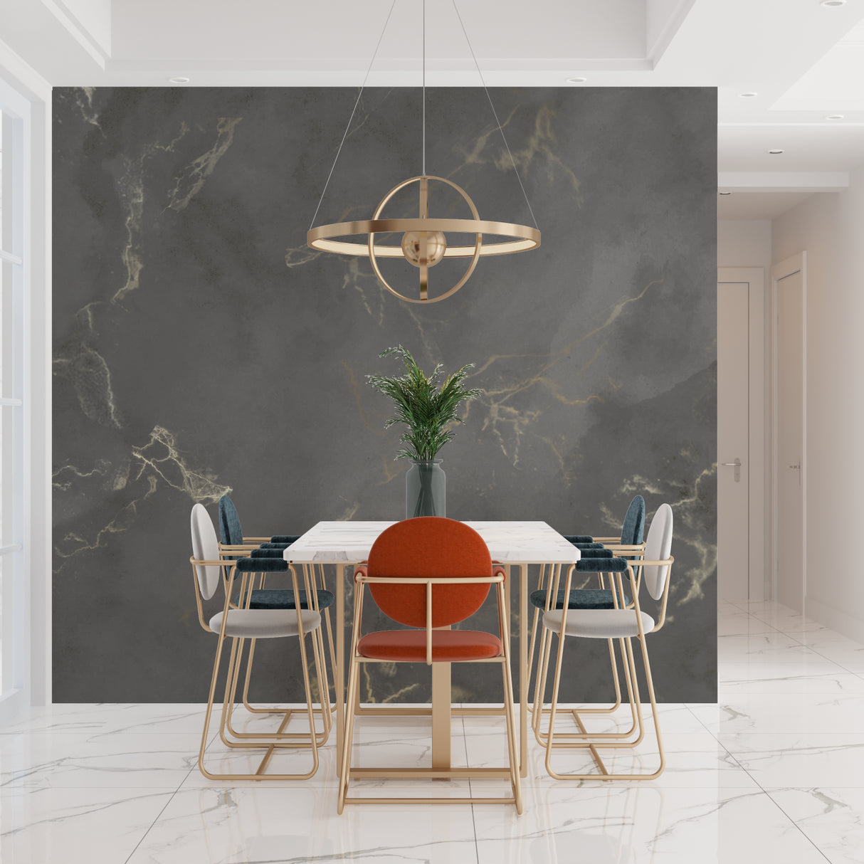 Grey marble wallpaper creating elegant dining room atmosphere