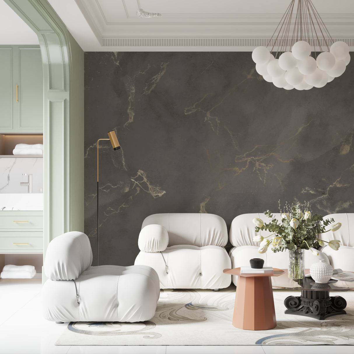 Marble wallpaper accent wall in luxury bathroom setting