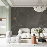 Marble wallpaper accent wall in luxury bathroom setting
