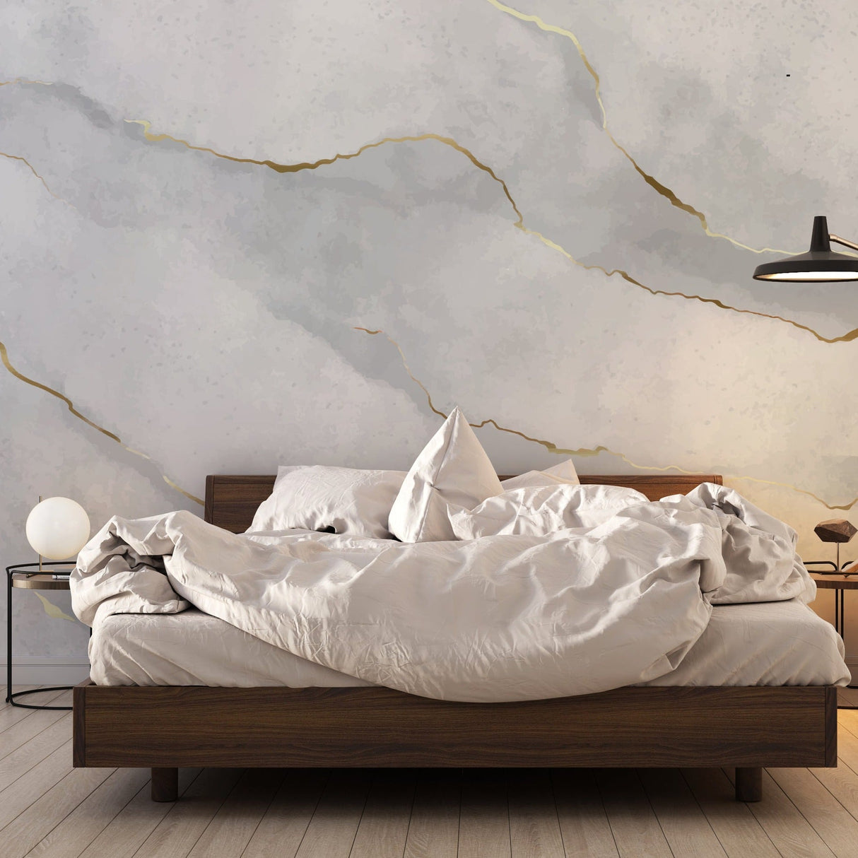 Modern grey and gold marble wallpaper in a bright living room with contemporary furniture